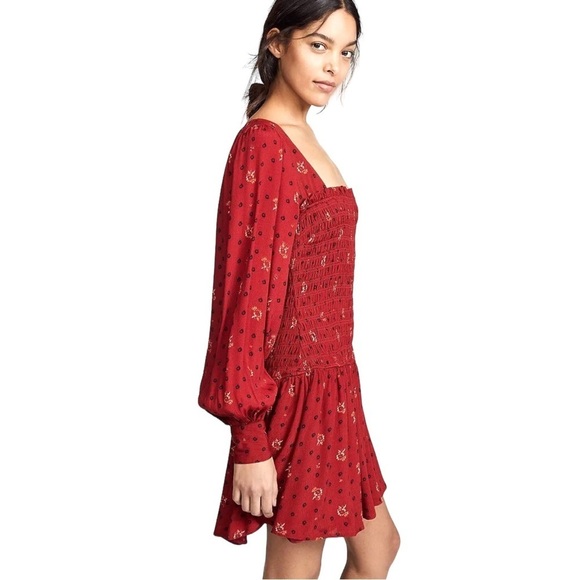 Free People Two Faces Mini Dress ruby red floral smocked long sleeve XS boho - Picture 9 of 16